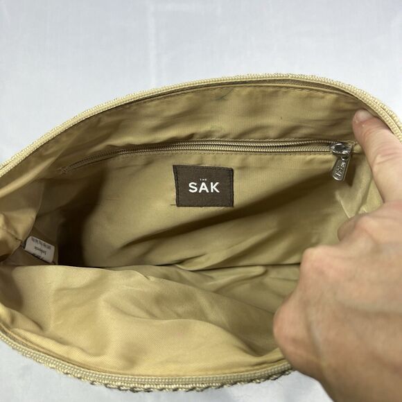 THE SAK BLACK WITH BEIGE WOVEN SHOULDER BAG EXCELLENT CONDITION - Picture 4 of 8